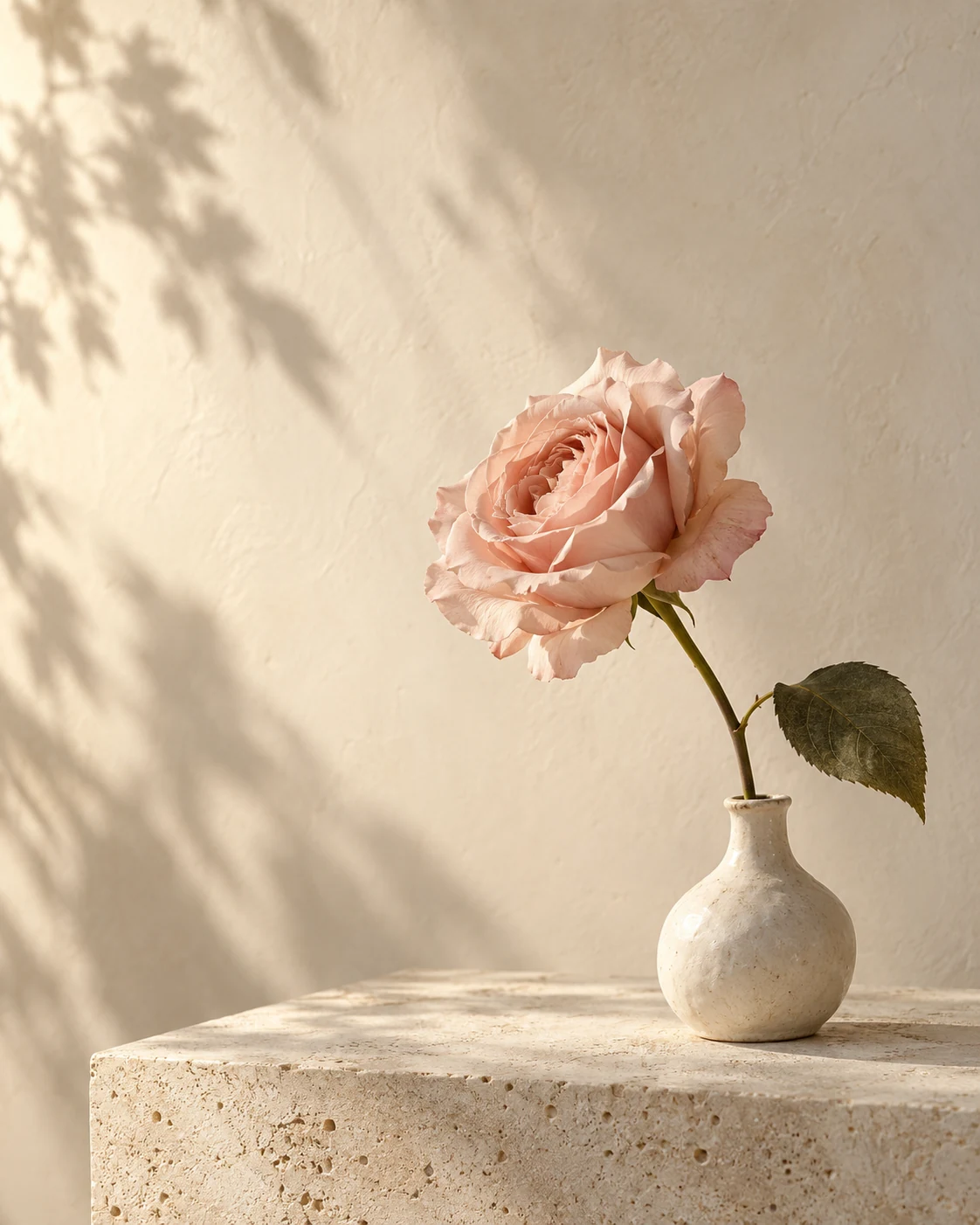 Eine zartrosa Rose in einer kleinen Keramikvase, von warmem Sonnenlicht umgeben.